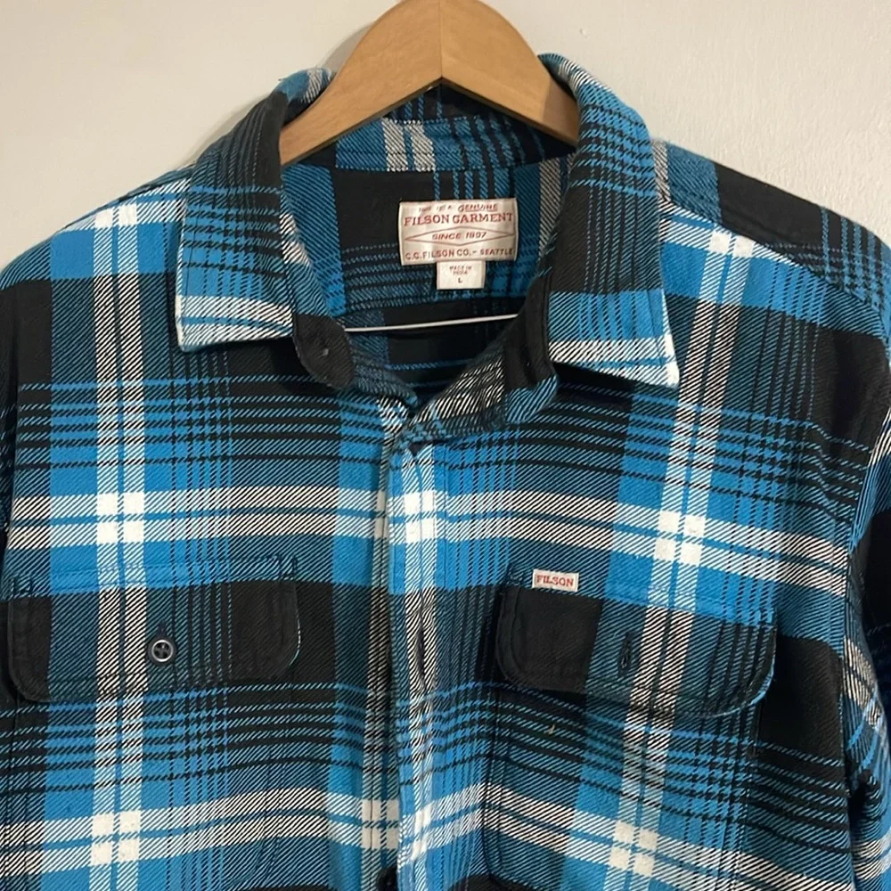 FILSON VINTAGE FLANNEL WORK SHIRT BLUE/BLACK/MULTI PLAID Large